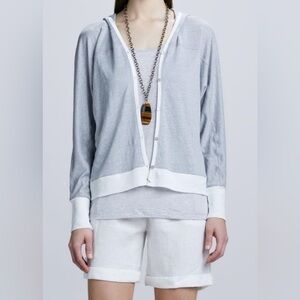 Eileen Fisher 100% Linen Button Up Hoodie Cardigan Size XS Coastal Gray White